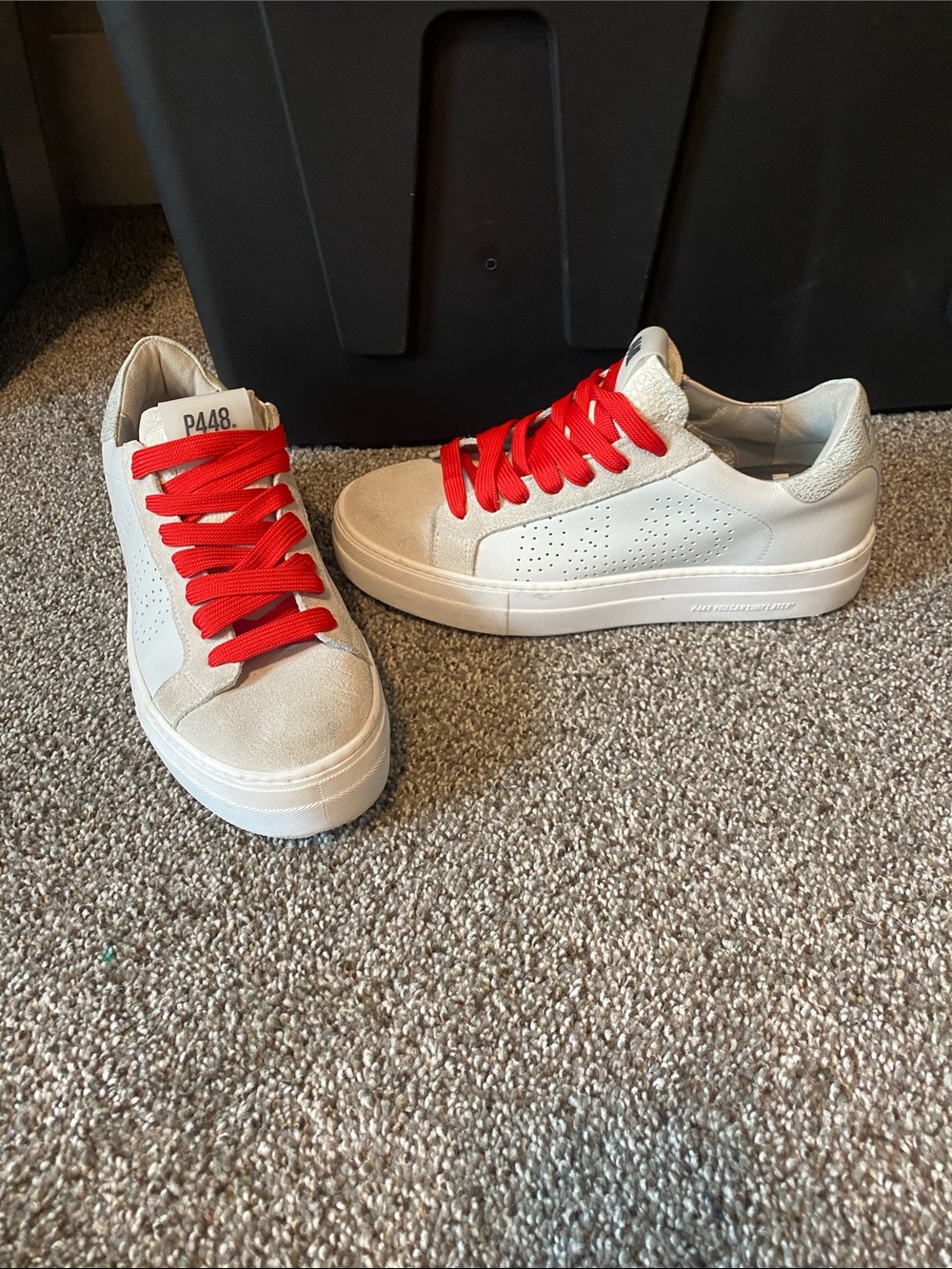 P448 White Leather Sneakers with Red Laces